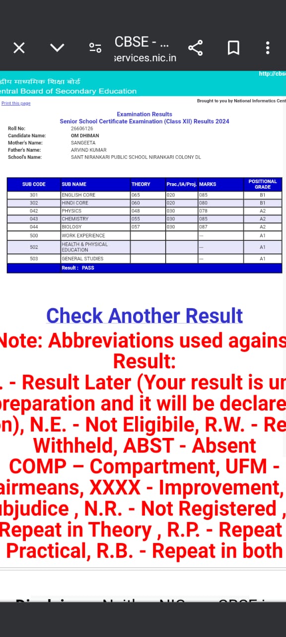 Om Dhiman - 87% in Biology and 85% in Chemistry